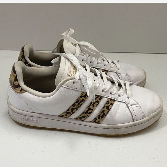 Adidas Grand Court Sneakers White Leopard Print Stripes Women's Size 8 - Picture 1 of 12